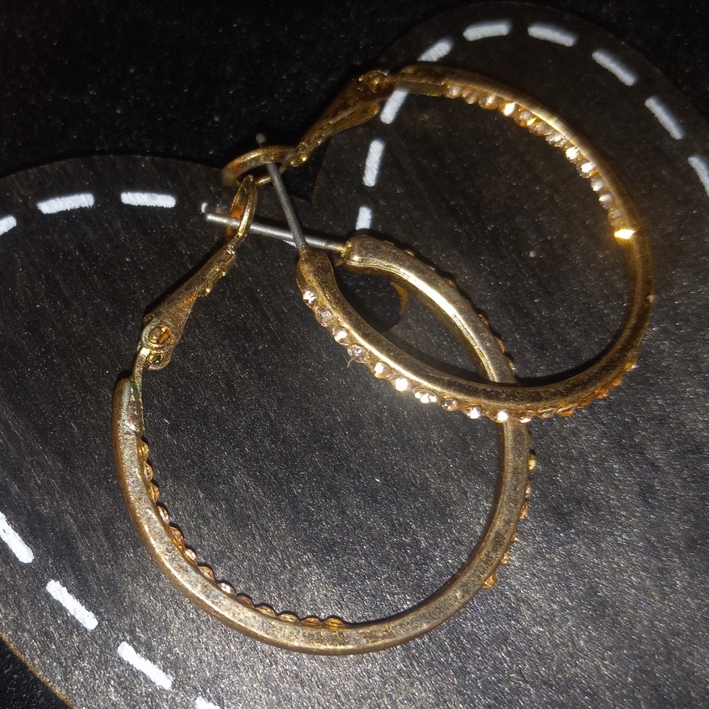Vintage 1" Gold Hoops with CZ Accents - Picture 7 of 10